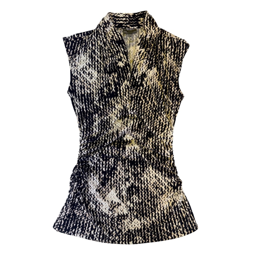 Vince Camuto Womens XS Sleeveless Mock Neck Ruched Blouse Black Cream Abstract
